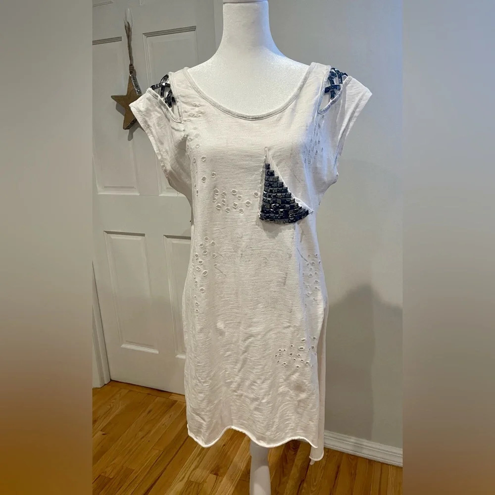 Long Distressed Beaded Stone Rhinestone Shirt/Top/Dress Size XS Fits XS-M